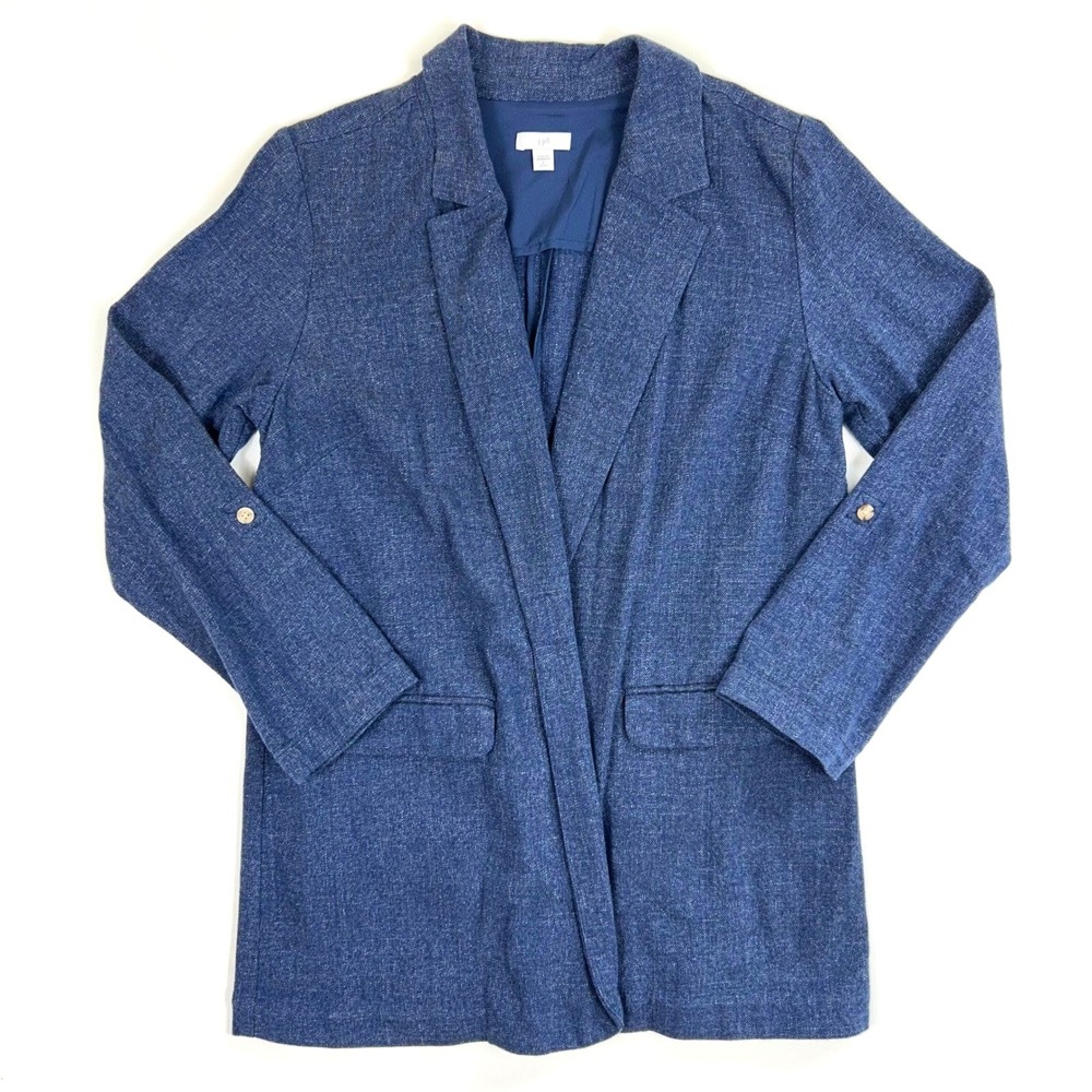 J. Jill Blue Heathered Open Front Blazer Jacket Petite Small Roll‎ Tab Sleeve